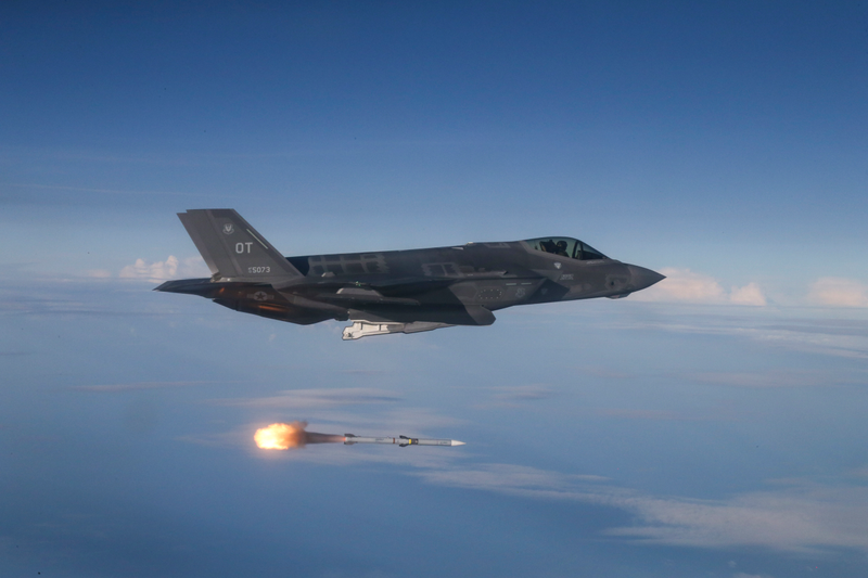 A USAF F-35 launching a AMRAAM air-to-air missile.